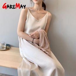 Spring Summer Woman Tank Dress Casual Satin Sexy Camisole Elastic Female Home Beach Ladies es V-neck Camis 210428