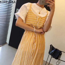 Korejpaa Women Dress Korean Fashion Casual O-neck Striped Sling Single-row Buckle Stitching Fake Two-piece Tie Fork Vestido 210526