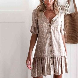 casual leopard print dot ruffle dress women summer autumn loose white beach v neck button short dres vestidos 210427