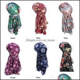 Caps & Hats Aessories Baby, Kids Maternity Textile Veet Print Floral Durag Long Tail Wide Straps Du Rag Bandanas Doo Turban Headband Flower