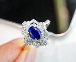 Cluster Rings SX Solid 18K Gold Nature1.02ct Blue Sapphire Gemstones Diamonds For Women Fine Jewelry Presents