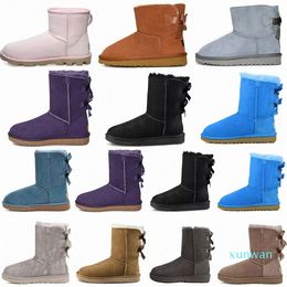 Designer-Klassiker, kurzer Bailey-Stiefel, warme Schleife, hoher Knopf, Triplet-Damen, Damen, Winter-Schneestiefel, Fell, pelzig