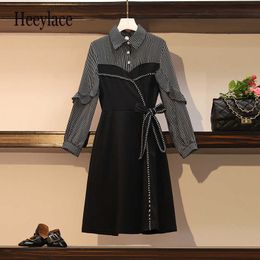 Plus Size Women Korean Spring Autumn striped patchwork ruffles vintage dress Office Lady Long Sleeve High Waist A-line Dresses Y1006