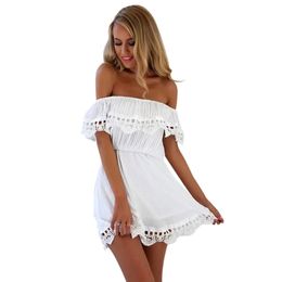 Fashion women Elegant Vintage sweet lace white Dress stylish sexy slash neck casual slim beach Summer Sundress vestidos 210522