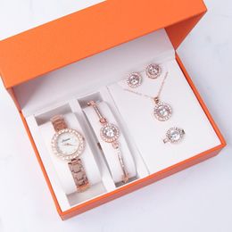 Luxury Women Watches 5pcs Set Elegant Female Wristwatches Magnetic Mesh Band Rose Woman Watch Bracelet necklace earrings rings Tik Tok