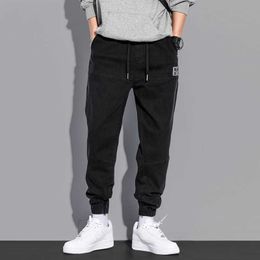 Japanese Style Fashion Men Jeans Black Loose Fit Casual Cargo Pants High Quality Streetwear Spliced Hip Hop Joggers Trousers