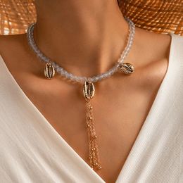 Charming Bead Chain Choker Necklace for Women Summer Shell Long Chain Gold Alloy Metal Adjustable Jewelry Gift