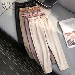 Spring and Winter Wool Pants Korean Style Women High Waist Belted Harem Slim Trousers Female Warm Long 699 211115