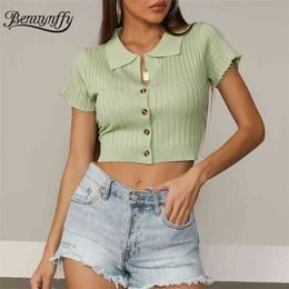 Turn-down Collar Button Up Solid Knit Crop Top Women Summer Short Sleeve Casual Streetwear Slim Fit T-Shirt Female 210510