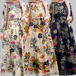 Retro Floral Maxi Dress Women's Autumn Sundress 2021 ZANZEA Printed Muslim Dresses Female Button Robe Belted Oversized 5XL X0521