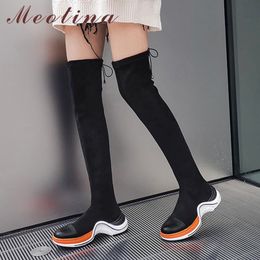 Winter Over The Knee Boots Women Natural Genuine Leather Flat Platform Thigh High Slim Stretch Shoes Ladies Autumn 210517