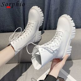 Female Motorcycle Boots For Women Round Toe Platform Chunky Heel Fashion Ankle Boots Med Calf White women's Shoes Woman Lace Up Y1018