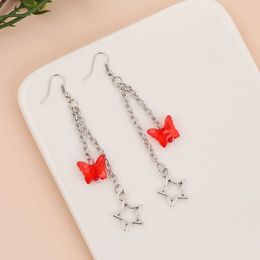 Trendy Female Red Resin Butterfly Drop Earrings For Women Girls Simple Silver Colour Metal Chain Star Dangle Earring Jewellery
