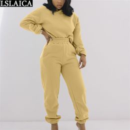 Sets for Women Pockets Hooded Collar Elastic Waist Pullover Casual Full Two Piece Set Fashion Arrival Tracksuit 210515