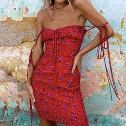 Summer style Red robe dress Vacation Women vestido Sexy casual print mini dress Womens high waist wrapped chest Dresses 210514