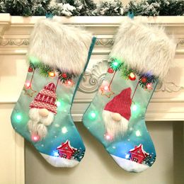 Candy Gift Bag Fireplace Xmas Tree Decoration Christmas Stockings Led Light Up Snowman Santa Elk Printing Socks