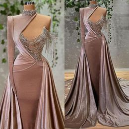 2022 Plus Size Arabic Mermaid Sexy Prom Dresses High Neck One Long Sleeve Beaded Crystals Evening Formal Party Second Reception Bridesmaid Gowns