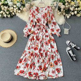 Women Vintage Dress Spring Autumn Puff Sleeve Sexy V Neck Badage es Ladies Elegant Flower Printed Long Robe Party 210525