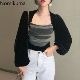 Nomikuma Women Velour Blouse Korean Mesh Patchwork Square Collar Shirts Autumn New Puff Long Sleeve Slim Short Blusas 6D099 210427