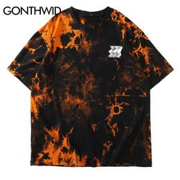 GONTHWID Creative Print Tie Dye Tees Shirts Streetwear Men Summer Harajuku Hip Hop Casual Short Sleeve Tshirts Tops Orange Black 210329