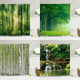 Modern 3D Printing Forest Shower Curtain Green Plant Tree Landscape Bath With Hooks For Bathroom waterproof scenery 210915