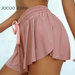 Jocoo Jolee Women Summer Yoga Sports Running Lace-up Ruffle Skirt Short Fitness Workout Push Up Gym Breathable Mid Waist 210619