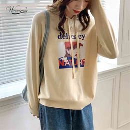 Korean Style Oversize Hoodies Knit Women Leisure Letter Printed Long Sleeve Hooded Womens Pullover Ladies Sweatshirts C-186 210522
