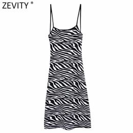 Zevity Women Vintage Chic Jacquard Animal Knitted Midi Sling Dress Female Sexy Backless Lace Up Straps Dresses Mujer DS8239 210603
