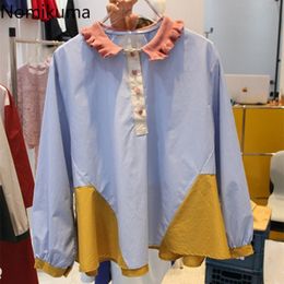 Nomikuma Blusas Mujer De Moda Spring Contrast Colour Peter Pan Collar Shirt Causal Puff Long Sleeve Blouses Women Tops 6F528 210427