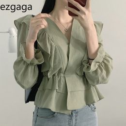 Ezgaga Women Blouse Korean Chic Sweet Solid V-Neck Ruffled Long Sleeve Slim Waist Tender Crop Tops Fashion Shirts Elegant 210430