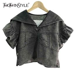 Denim Patchwork Ruffle Tops For Women V Neck Short Sleeve Casual T Shirts Female Fashion Clothing 210524