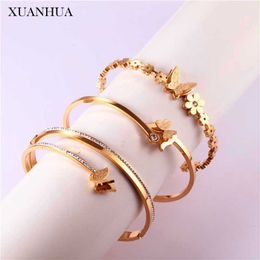 Xuanhua Rose Gold Butterfly Bracelet Cuff Bracelets Bangles for Women Stainless Steel Jewellery Woman Accessories Q0719