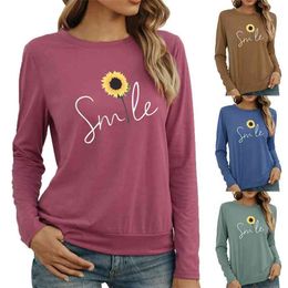 Autumn And Winter Women's Tops Sun Flower Printed Round Neck Long-sleeved T-shirt Women Casual Pullovers Slim Tshirts 210517