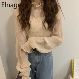 Elnage Spring New Korean Loose Half High Collar Bottoming Trumpet Long Sleeve Blouse with Lace Shirt for Women 5A176 210317