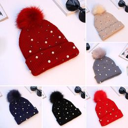 Rhinestone Pearl Women Hat Fashion Pompom Spring Winter Knitted Beanie Cap Casual Outdoor Warm Lady Skullies Beanies