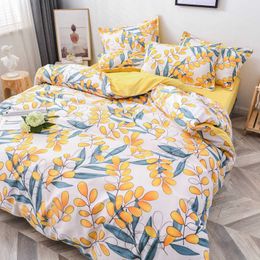 Flower Bedding Set 4pcs Flat Sheet +Duvet Cover Peach Daisy Bed Linen Pillowcase Pastoral style Bedclothes Green Autumn 210615
