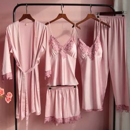 Pajamas Sets Satin Lace Women With Chest Pads Nighty Robe Gown Sleep Suit Sexy Summer Bride Wedding Sleepwear Home Wear Pyjamas Q0706