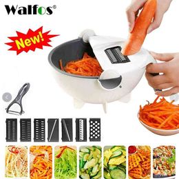 WALFOS Magic Multifunctional Rotate Vegetable Cutter With Drain Basket Kitchen Veggie Fruit Shredder Grater Slicer Drop Shipping 210326