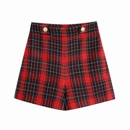 Vintage Women Elegant Tweed Shorts Spring-Autumn Fashion Ladies Red Plaid Patchwork Female Chic 210527