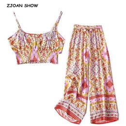 BOHO Elastic Hem Geometric Floral Print Bra Tank Top Crop Women Bow Sashes Wide Leg Pants Ruched Camis 1 Set orange red 210429
