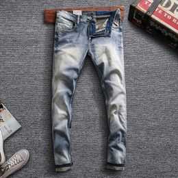 Italian Style Fashion Men Jeans Retro Light Blue Elastic Slim Fit Casual Denim Pants Vintage Designer Stretch Cotton Trousers