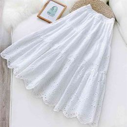 Summer Korean Women Hollow Embroidery Casual Skirt Solid Color White Black Literary Temperament Pettiskirt 210730