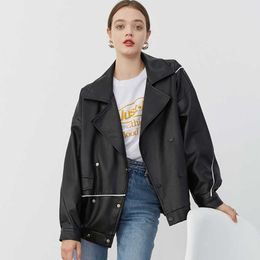 LY VAREY LIN Spring Autumn Women Lapel Long Sleeve Jacket Loose Fit Black Pu Leather Split Big Size Coat 210526