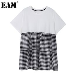 [EAM] Women White Spliced Big Size Plaid Casual T-shirt Round Neck Short Sleeve Fashion Spring Summer 1DD7385 210512