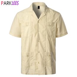 Men's Traditional Cuban Camp Collar Guayabera Shirt Short Sleeve Embroidered Mexican Caribbean Style Beach with 4 Pocket 210626