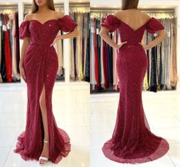 Glitter Modest Bury Mermaid Evening Dresses Long Short Sleeves Side Slit Off Shoulder Sequins Party Pageant Prom Formal Tail Gowns