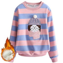 Sweatshirt for Girls Winter Fleece School Children's Sweater Stripe Clothes 10 12 Years Thicken Autumn Kids Pullover Tops 211029