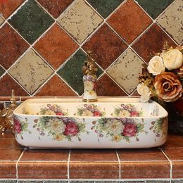 Europe style chinese washbasin sink Jingdezhen Art Counter Top ceramic wash basin rose pattern bathroom sinkgood qty