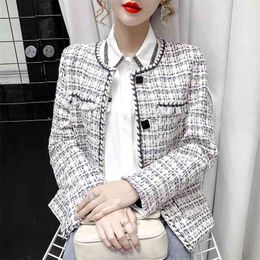 Herbst Winter Tweed Mantel Frauen Vintage Langarm Kurze Wolljacke Weiblichen Koreanischen Stil Ins Streetwear Plaid Outwear Top 210514