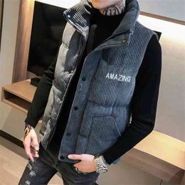 Men vests with pockets Jacket Corduroy waistcoat winter stand-up collar sleeveless jacket men's slim youth thick 210925